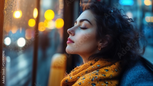 Dreamy portrait of woman with closed eyes in evening city lights. Suitable for urban lifestyle, emotional photography, and contemporary fashion