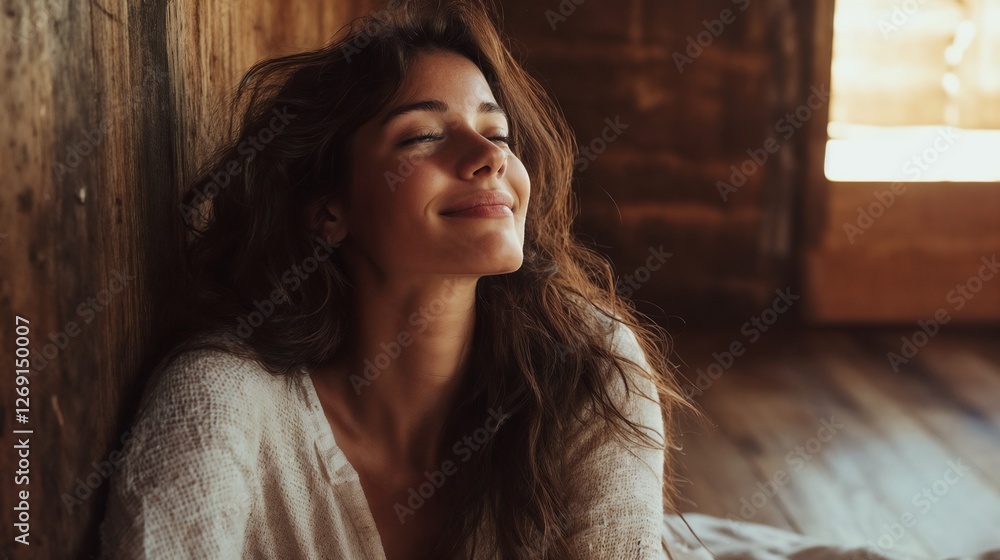 Fototapeta premium Natural portrait of smiling woman in cozy sweater by window. Ideal for authentic lifestyle, home comfort, and genuine emotional content