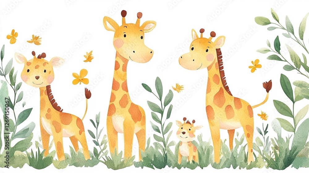Fototapeta premium Safari animal watercolor giraffe, beautifully painted, isolated on a clean white background. 