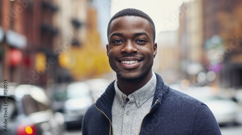 Cheerful African American professional in smart casual attire on urban street. Perfect for modern workplace diversity, corporate culture, and authentic professional lifestyle content