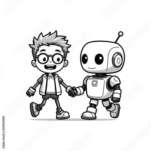 Illustration of Boy and Robot Holding Hands with Smiling Expressions