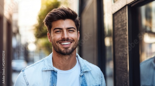 Charismatic Mediterranean man with perfect smile on urban street. Suitable for lifestyle content, personal branding, and modern portraiture
