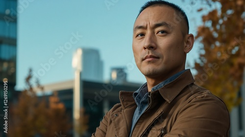 Confident Asian professional against urban skyline at golden hour. Perfect for corporate leadership, urban success, and modern business