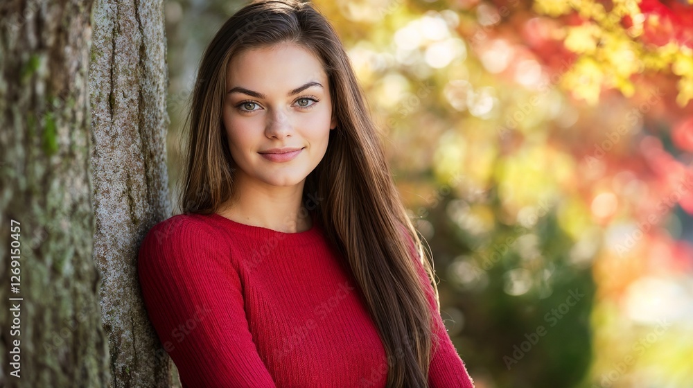 Young woman in red sweater against autumn foliage. Perfect for seasonal fashion, outdoor portraits, and natural lifestyle content