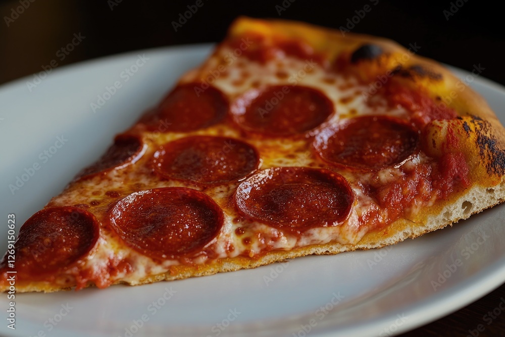 Freshly baked pepperoni pizza slice served on a clean white plate, perfect for food photography or as a prop in your culinary-themed projects Freshly baked pepperoni pizza slice served on a clean white plate, perfect for food photography or as a prop in your culinary-themed projects