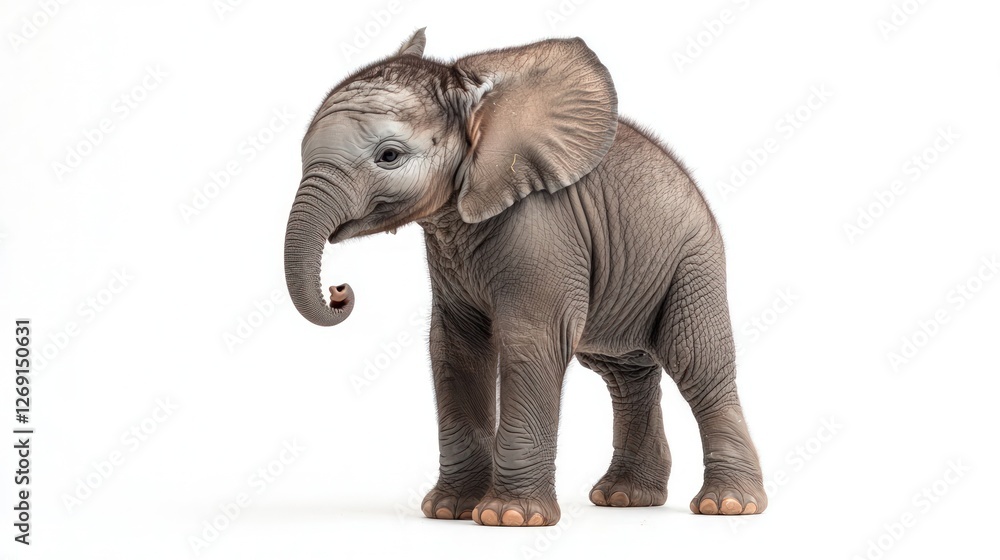 Fototapeta premium A baby elephant standing with its trunk slightly curled, ears flapping against a white background