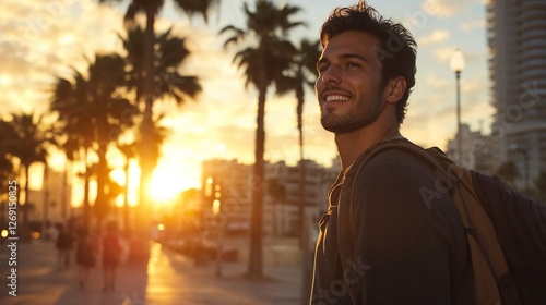 Young traveler at beach promenade during golden sunset. Perfect for travel lifestyle, urban exploration, and vacation content