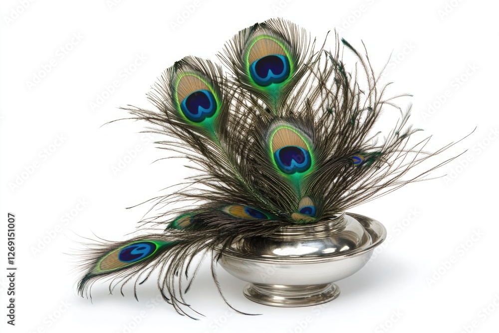 Obraz premium A decorative silver bowl filled with vibrant peacock feathers