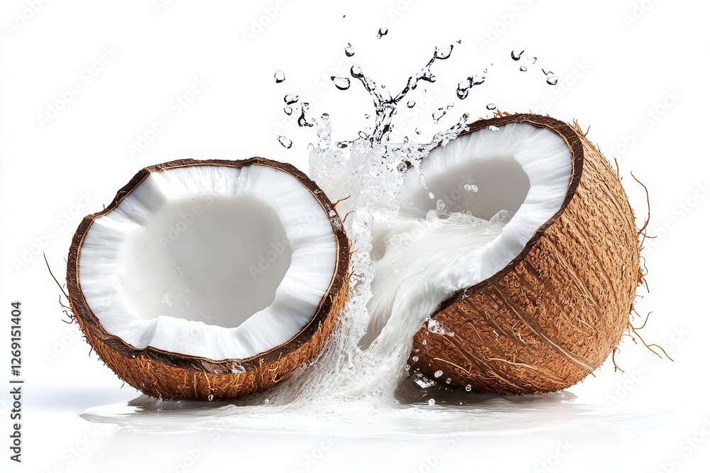 Fresh coconut halves splashing milk on white background Fresh coconut halves splashing milk on white background