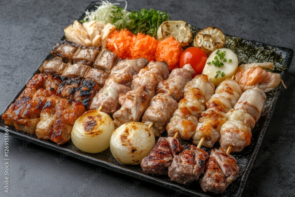 Delicious Japanese Yakitori Skewers Platter with Grilled Meats and Vegetables Delicious Japanese Yakitori Skewers Platter with Grilled Meats and Vegetables