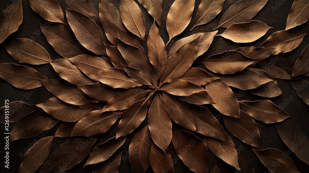 Fototapeta premium dried brown bay leaves arranged in a creative pattern on a dark background