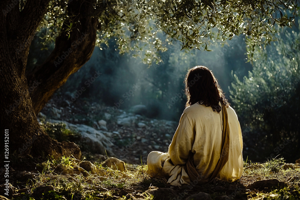 Jesus Christ praying in the garden of Gethsemane. Generative AI