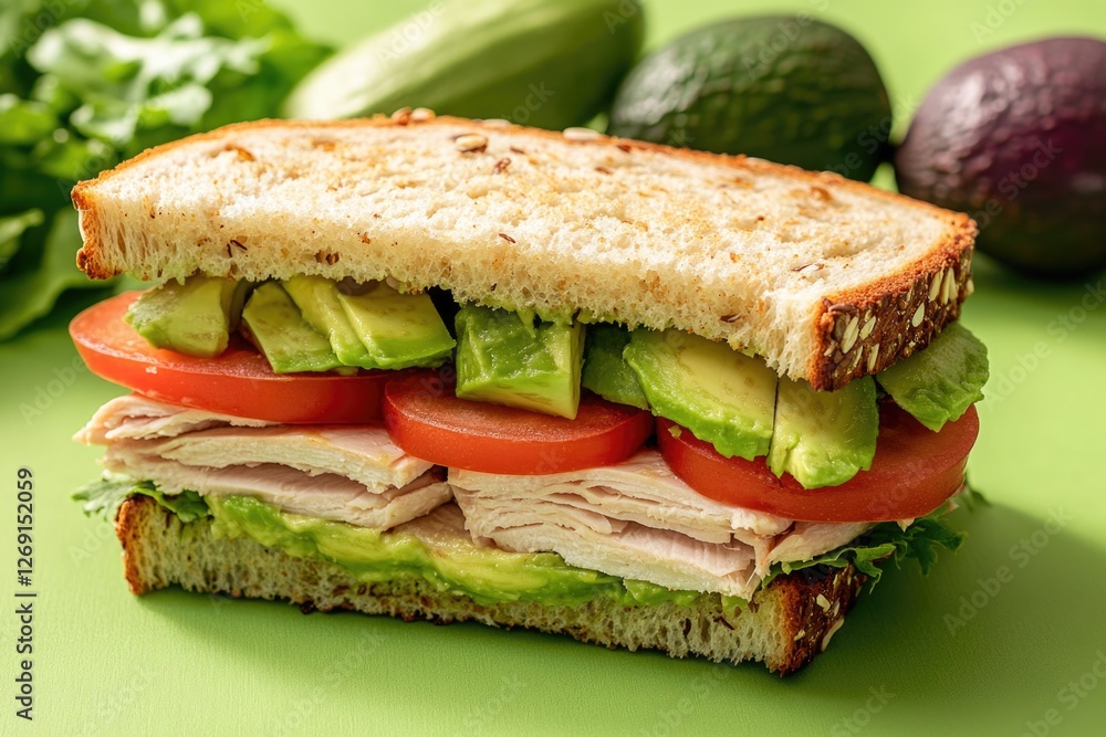 A cut open sandwich featuring fresh tomatoes and creamy avocado A cut open sandwich featuring fresh tomatoes and creamy avocado