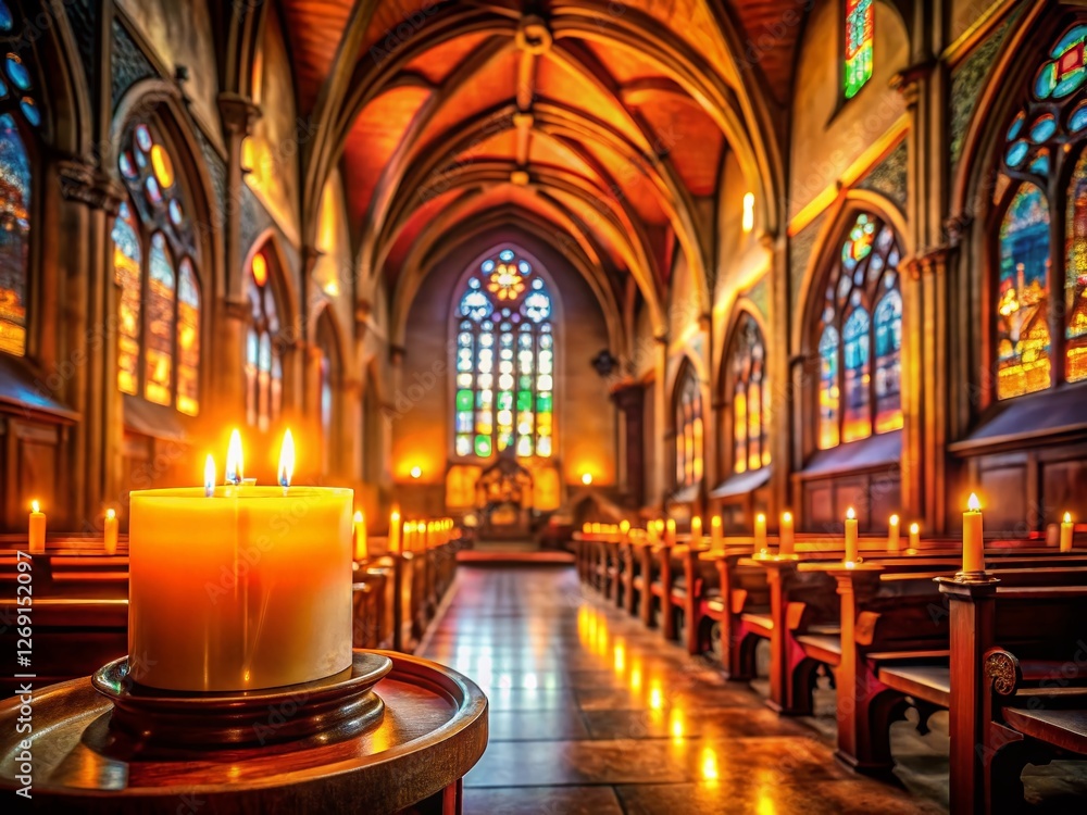 Fototapeta premium Serene Church Interior: Soft Candlelight Glow, High Depth of Field Stock Photo