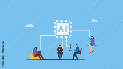 People use AI to help their works. Embrace AI, Artificial Intelligence adoption, user or people who use AI to help and support work success, innovation or revolution to change business concept.