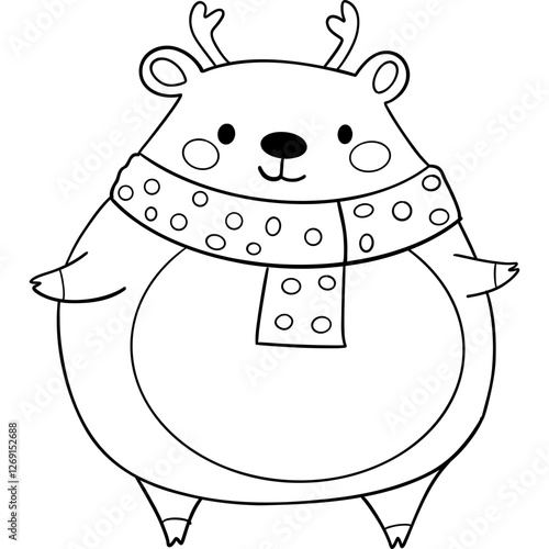 Cute dear wearing a scarf with antlers, cartoon style. outline for coloring.