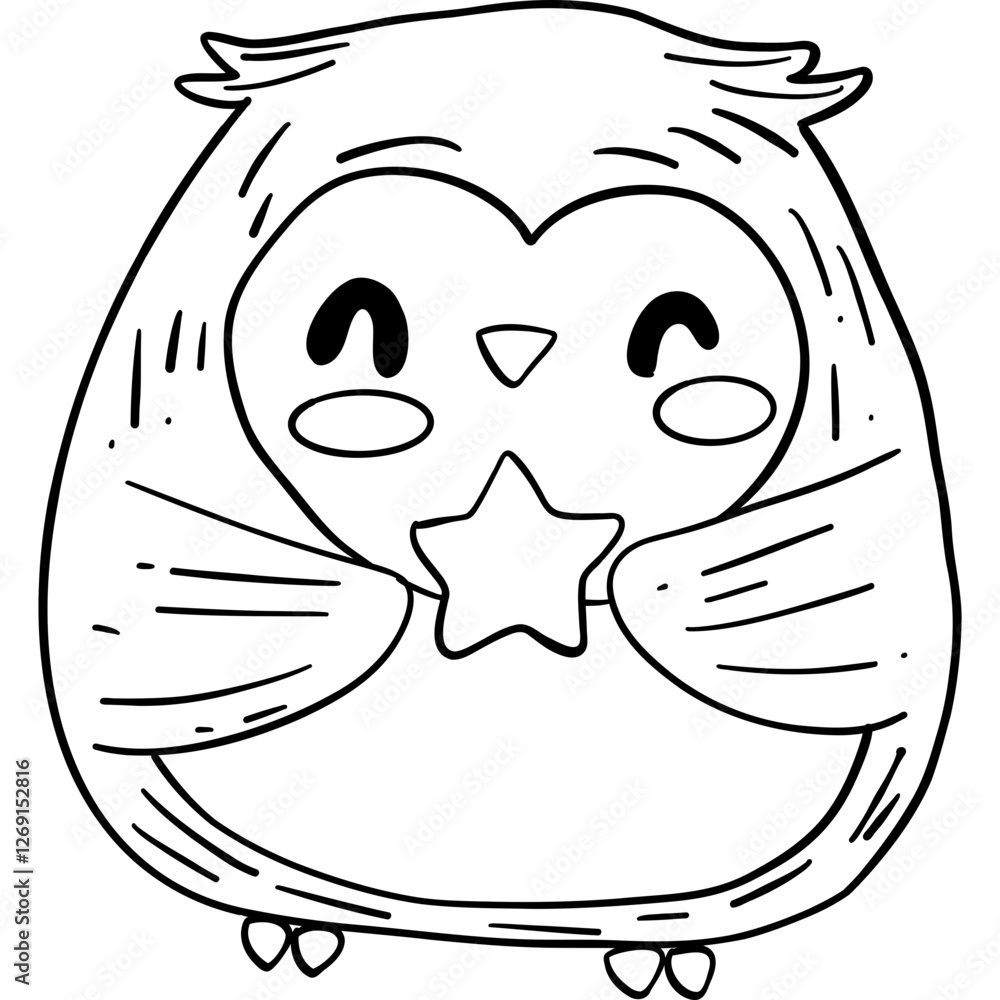 Cute owl character holding a star with a joyful expression. outline for coloring. Cute owl character holding a star with a joyful expression. outline for coloring.