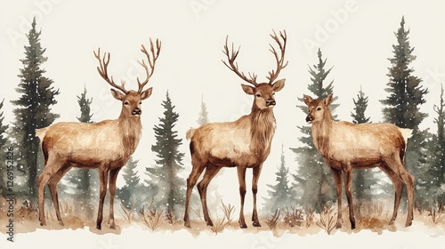Three majestic deer standing gracefully in a serene forest setting, surrounded by tall evergreen trees