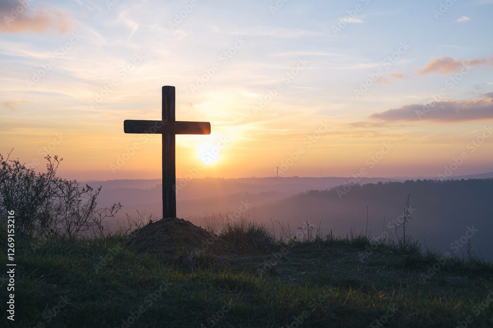 Crucifixion Of Jesus Christ - Cross At Sunset. Easter. Generative AI Crucifixion Of Jesus Christ - Cross At Sunset. Easter. Generative AI