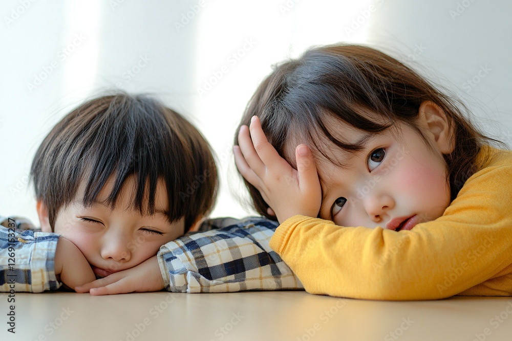Japanese mother's hand covering child's face, children lying on the table in a room at home, stock photo, white background, high-resolution photography. Japanese mother's hand covering child's face, children lying on the table in a room at home, stock photo, white background, high-resolution photography.