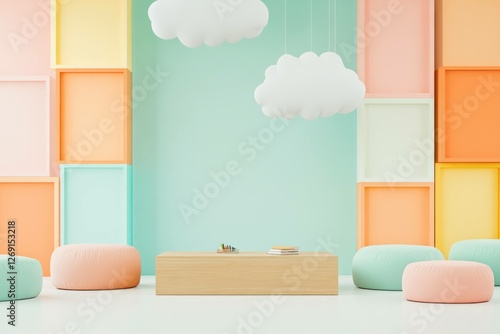 Cozy and colorful modern interior decor with pastel tones, including playful cloud shaped lamps, ideal for creative workspaces or children s rooms photo