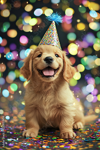 Funny dog wearing pary hat, birthday celebration card. Generative AI photo