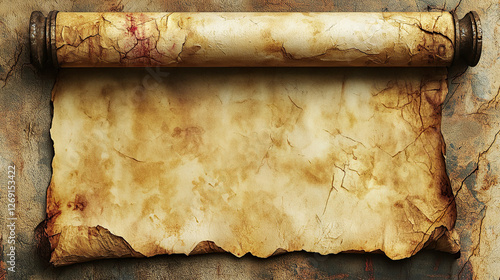 Aged parchment scroll displayed on a wall with faded ink writings showcasing historical content and intricate details in a vintage style Background photo