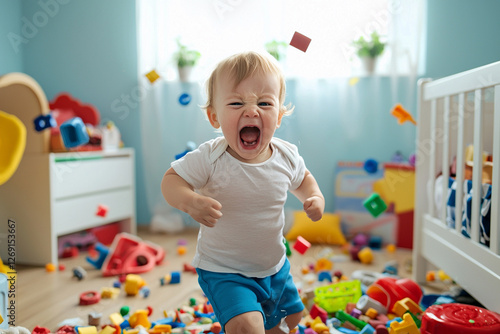 a playful hyperactive cute toddler misbehaving and making a huge mess in a kids room. Generative Ai