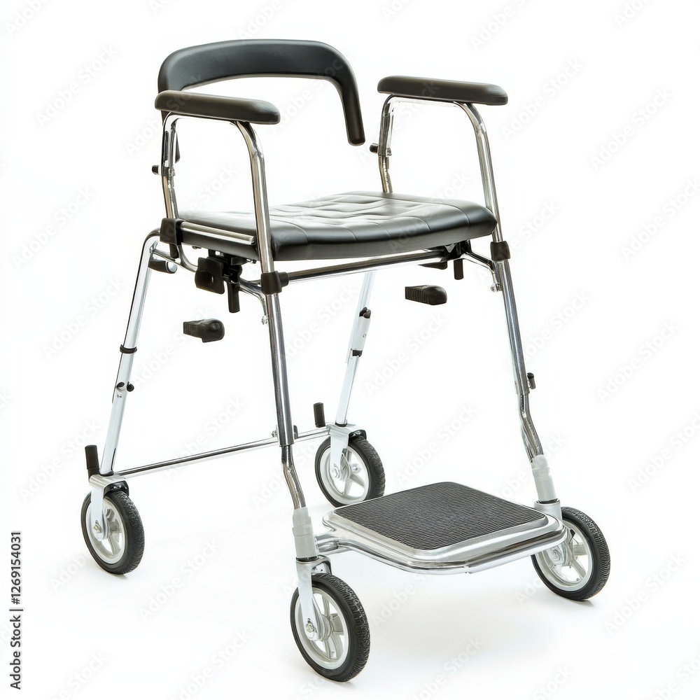 A chrome-framed walking aid with a black cushioned seat, armrests, and a footrest, designed for mobility assistance. Ideal for individuals needing support while walking. A chrome-framed walking aid with a black cushioned seat, armrests, and a footrest, designed for mobility assistance. Ideal for individuals needing support while walking.