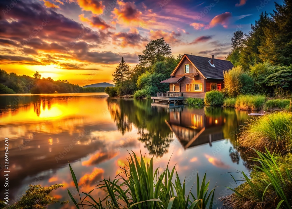 Obraz premium Serene Lakeside House 7: Breathtaking Sunset Landscape Photography