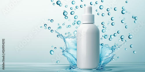 Clean, white bottle with water splash. Ideal for skincare, beauty, and hygiene product visuals.
