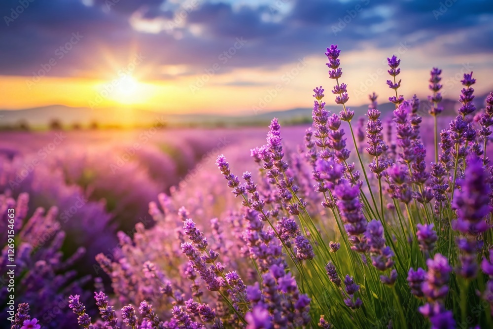 Obraz premium Serene Lavender Field with Copy Space: Purple Flowers in Summer Sunlight
