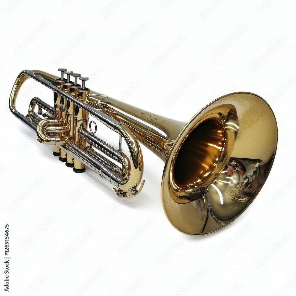 Obraz premium A close-up view of a shiny brass tuba, showcasing its intricate design and polished surface, placed on a white background.