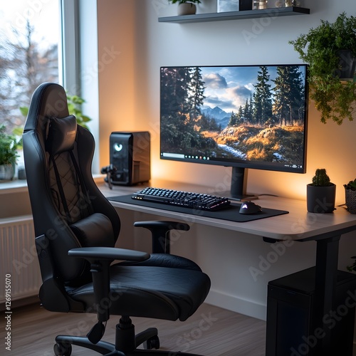 Cozy home office gaming setup, nature scene on monitor, plants, window view, ergonomic chair