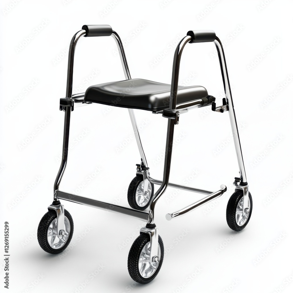 A modern black and chrome walker with four wheels, designed for mobility assistance, featuring a padded seat and comfortable hand grips on a white background.\n A modern black and chrome walker with four wheels, designed for mobility assistance, featuring a padded seat and comfortable hand grips on a white background.\n