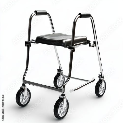 A modern black and chrome walker with four wheels, designed for mobility assistance, featuring a padded seat and comfortable hand grips on a white background.\n photo