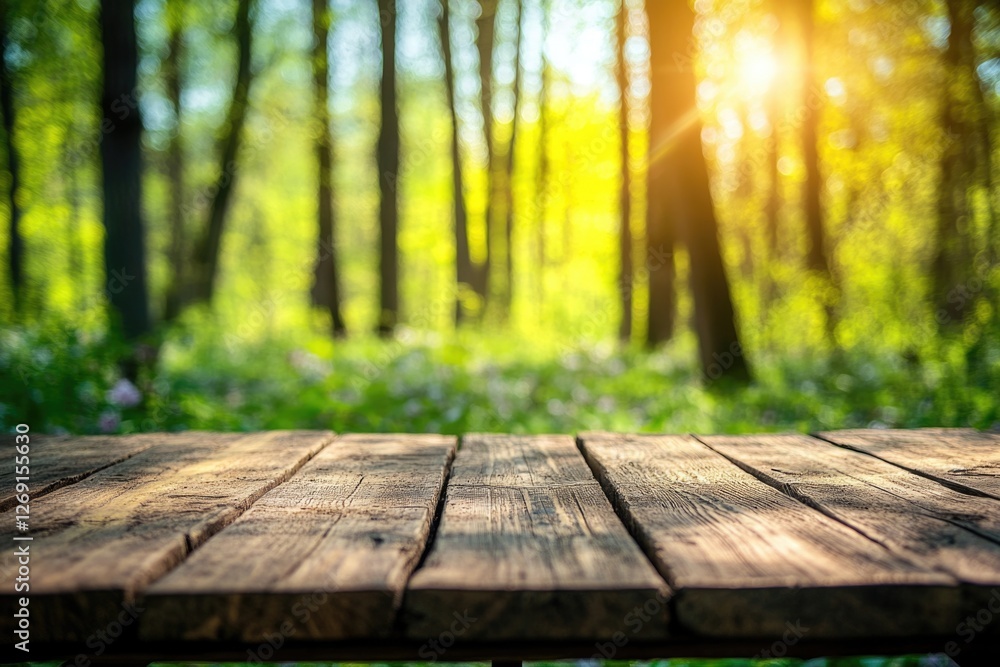 A rustic wooden table surrounded by trees and foliage in a dense forest A rustic wooden table surrounded by trees and foliage in a dense forest