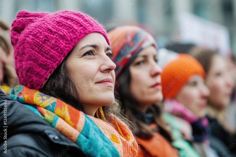 A group of individuals dressed in winter clothing, wearing hats and scarves A group of individuals dressed in winter clothing, wearing hats and scarves