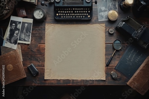 Vintage Desk Blank Parchment, Typewriter,  Antique Photos - Mystery  History Await