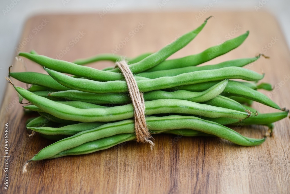 Fresh green beans are bundled and tied with rustic twine, showcasing vibrant color and texture against a wooden background, highlighting the freshness and quality of the produce Fresh green beans are bundled and tied with rustic twine, showcasing vibrant color and texture against a wooden background, highlighting the freshness and quality of the produce