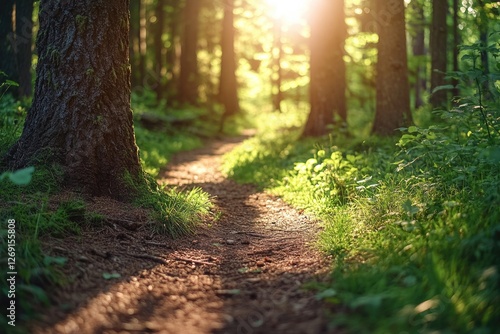 A winding dirt path through dense forest foliage