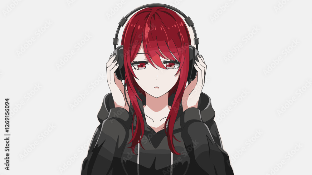 Red-Haired Anime Girl Wearing Headphones Red-Haired Anime Girl Wearing Headphones