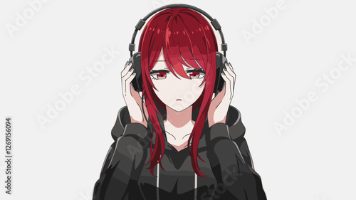 Red-Haired Anime Girl Wearing Headphones