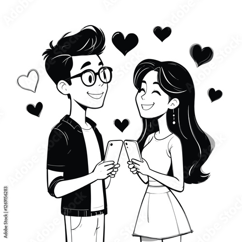Two Cartoon Characters Smiling While Using Smartphones With Love Hearts Around