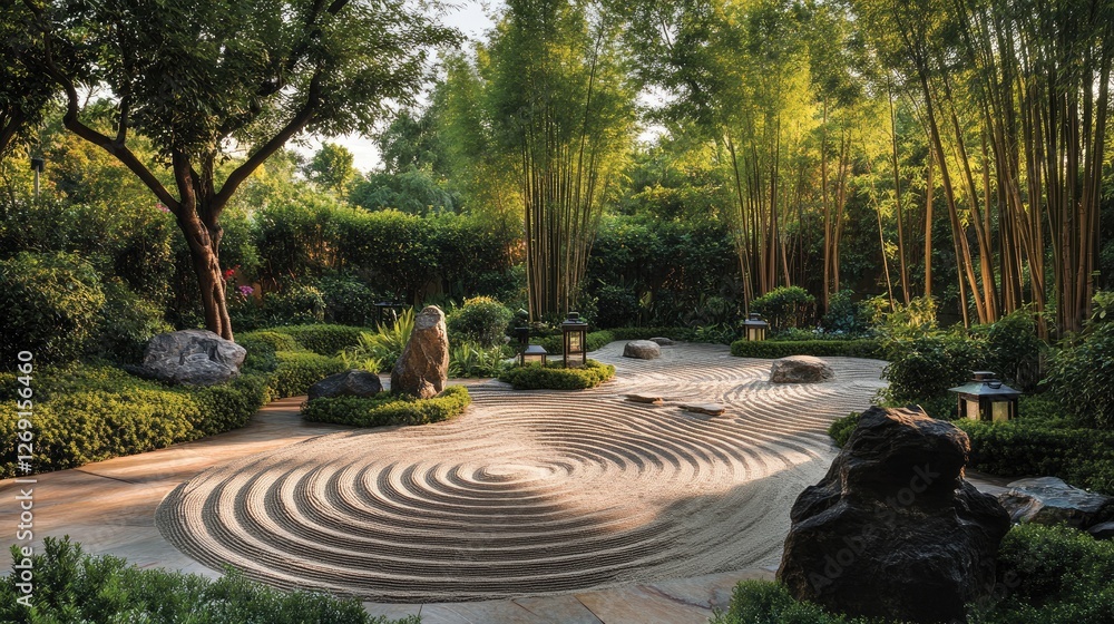 A peaceful Zen-style garden with bamboo accents, raked sand patterns, and traditional stone lanterns. A peaceful Zen-style garden with bamboo accents, raked sand patterns, and traditional stone lanterns.