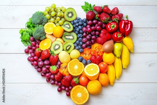 Heart-Shaped Arrangement of Colorful Fruits and Vegetables
