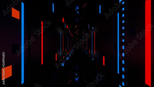 endless forward movement inside gloomy dark fantasy corridor with flashing red and blue lights. 3d render. looped animation