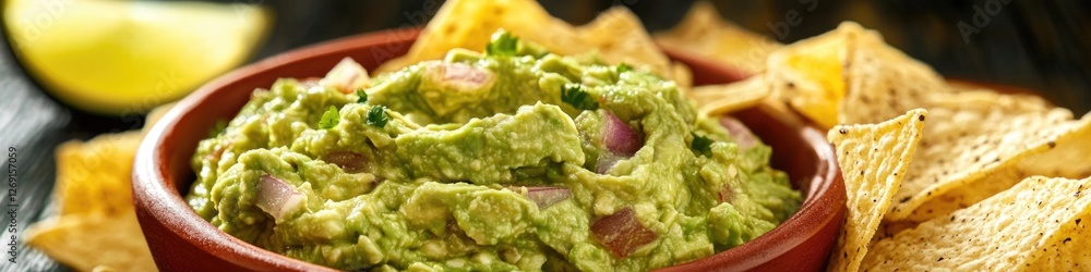A bowl of creamy guacamole and crispy chips on a table, perfect for a snack or appetizer A bowl of creamy guacamole and crispy chips on a table, perfect for a snack or appetizer