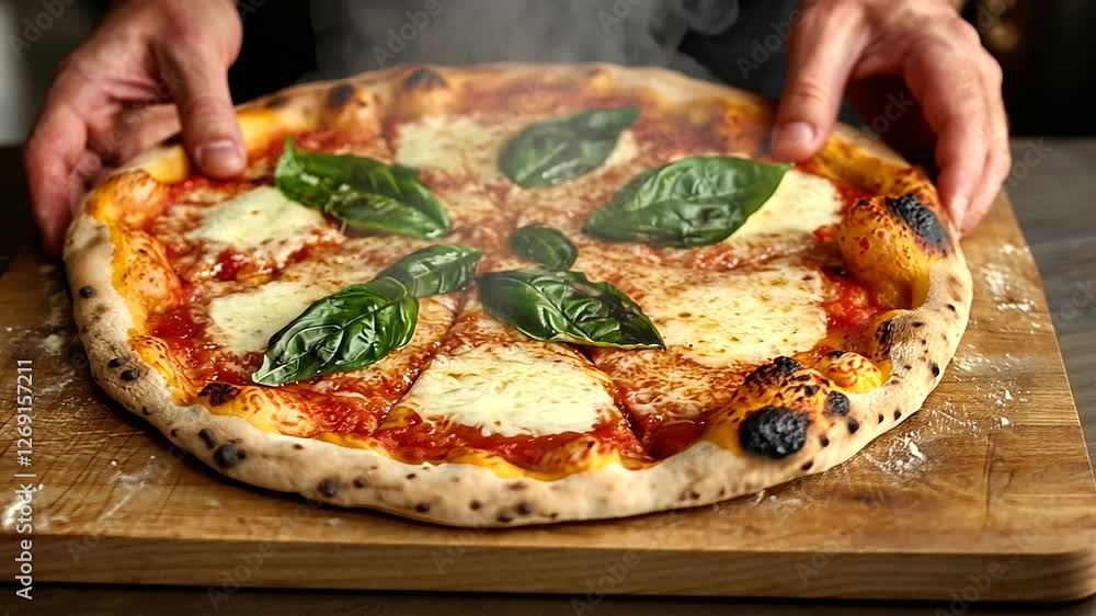 A freshly baked pizza on a rustic wooden board, surrounded by hands reaching in for slices, with the fresh basil and melted cheese adding vibrant color and texture A freshly baked pizza on a rustic wooden board, surrounded by hands reaching in for slices, with the fresh basil and melted cheese adding vibrant color and texture