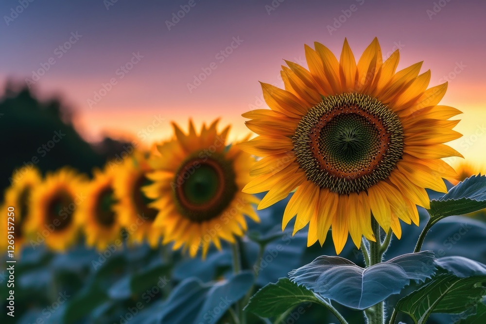 Fototapeta premium A field of sunflowers against a warm sunset backdrop, ideal for travel or nature-inspired designs